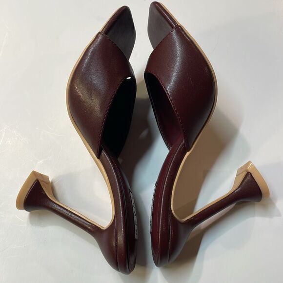 Revol Burgundy Square Toe Slip-On Heeled Mules Sculpted Heel Sandal Women’s Sz 7 - Picture 8 of 10